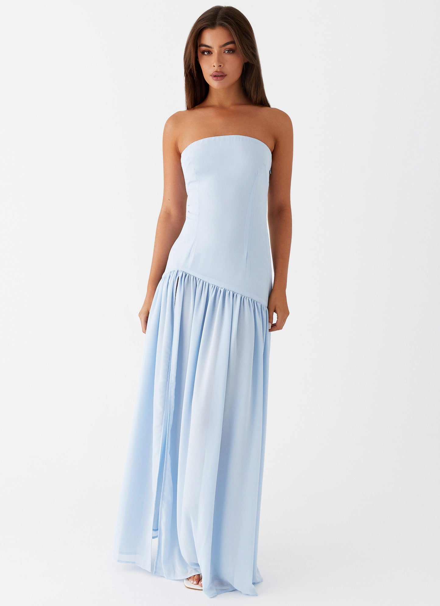 Off-shoulder maxi dress in light blue with high slit