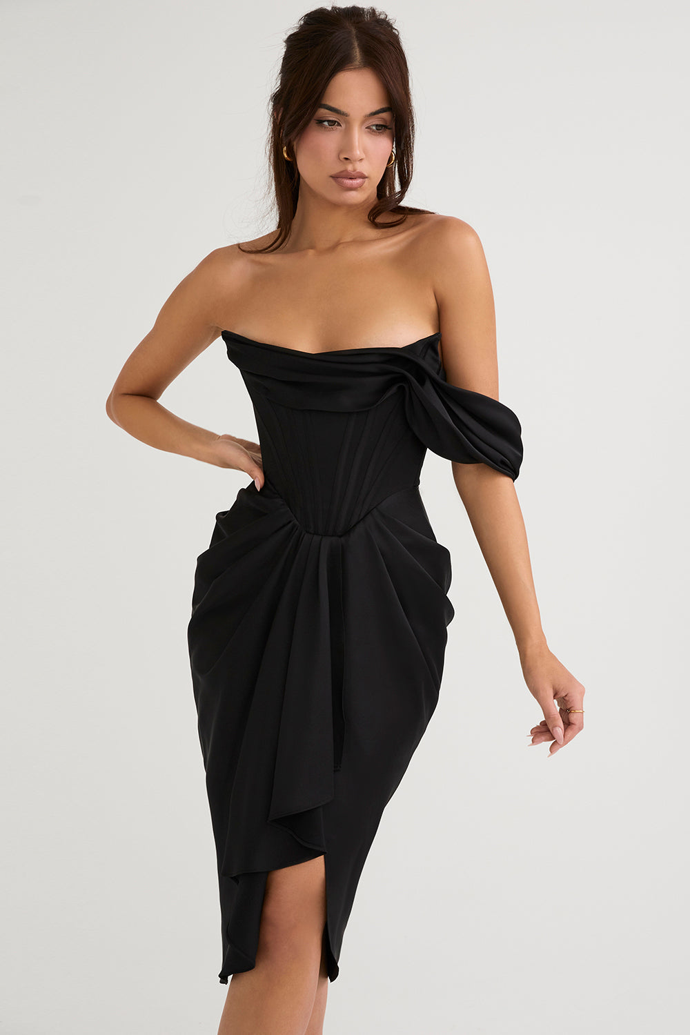 Off-shoulder satin midi dress