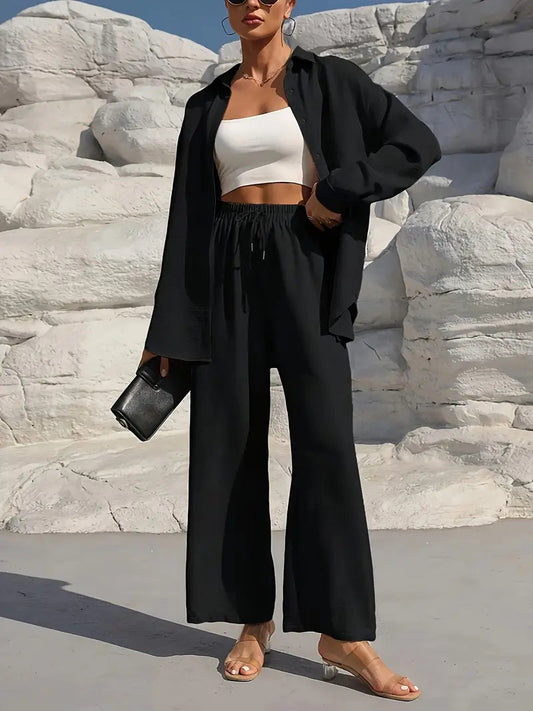 Stilvolles Freizeit-Damen-Set mit Bluse und weiter Hose