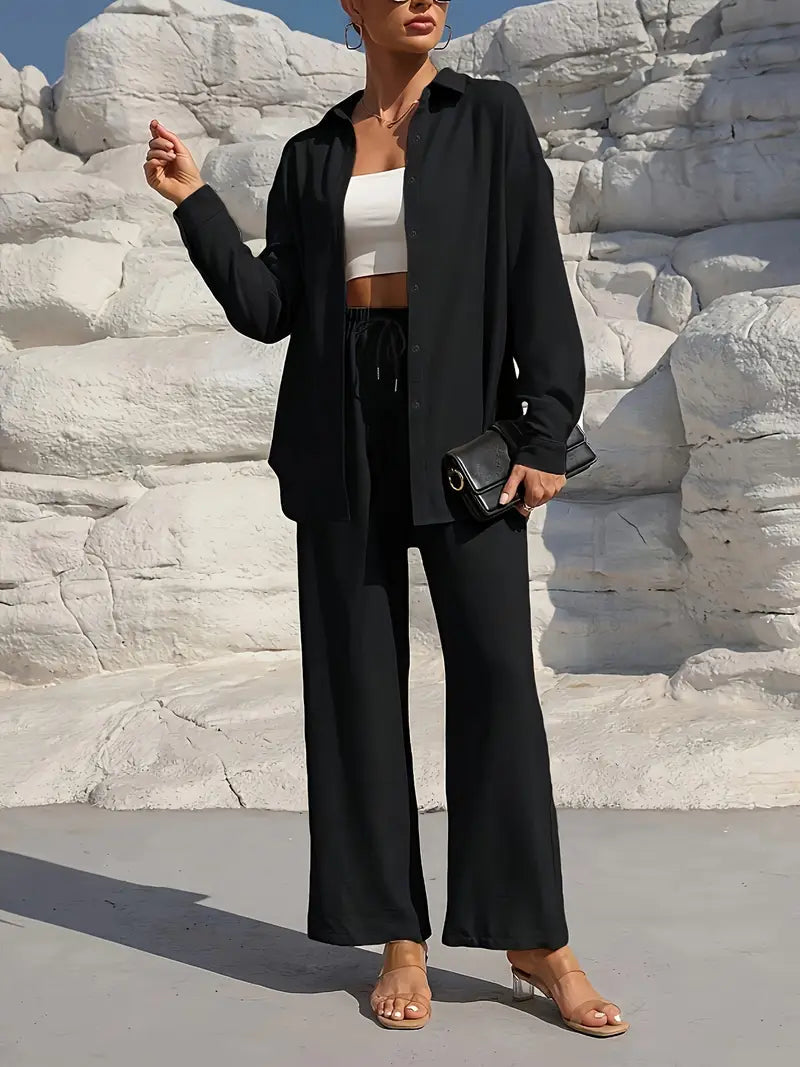 Stilvolles Freizeit-Damen-Set mit Bluse und weiter Hose