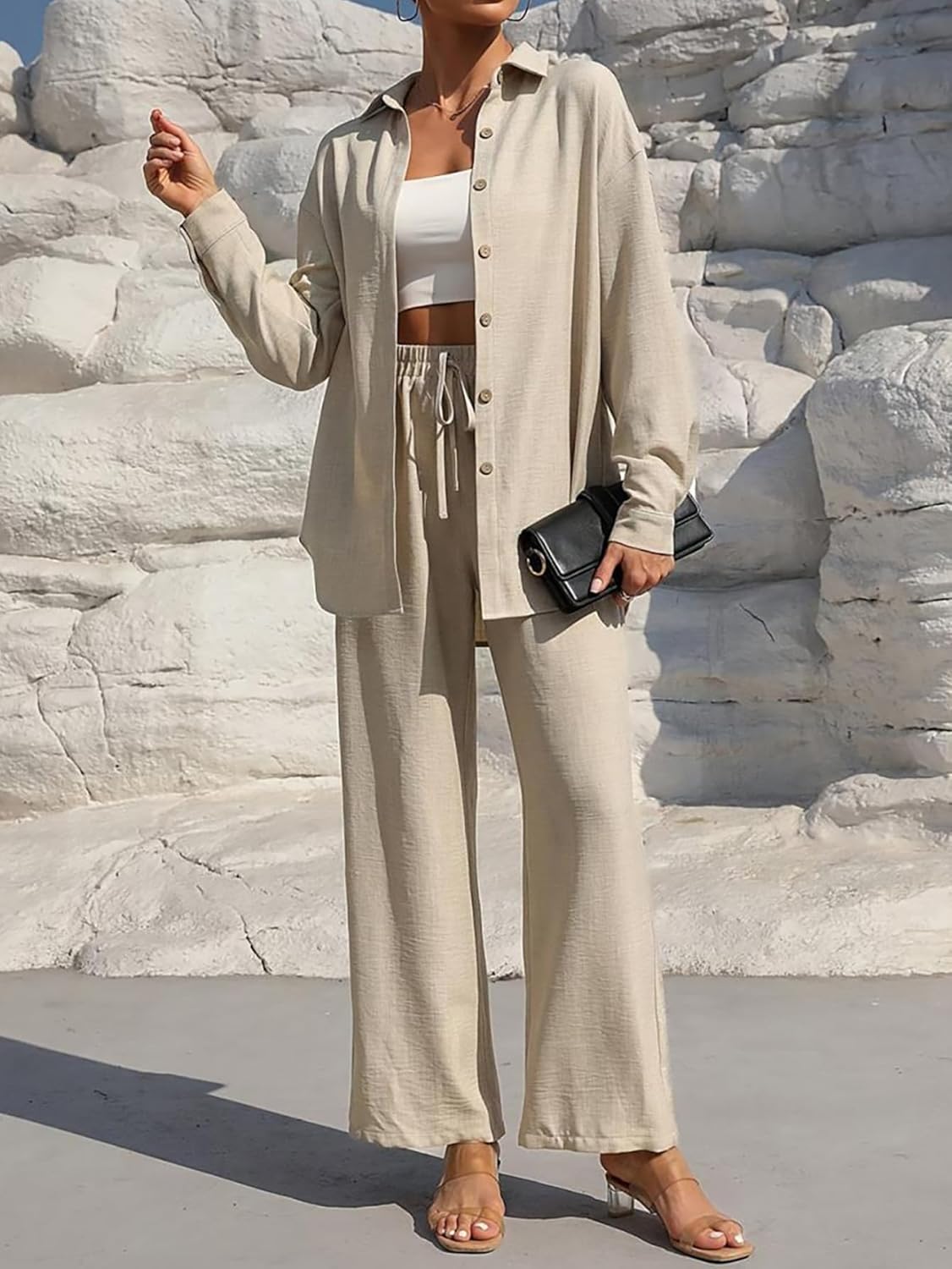 Stilvolles Freizeit-Damen-Set mit Bluse und weiter Hose