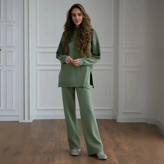 Knitted loungewear set with mock neck pullover and wide-leg pants