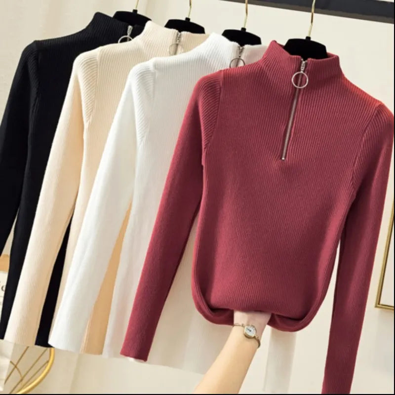 Strickpullover Damen mit Reißverschluss und hohem Kragen
