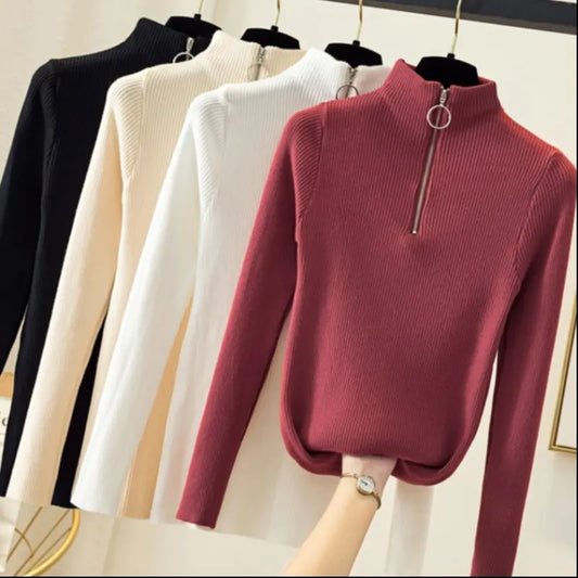 Strickpullover Damen mit Reißverschluss und hohem Kragen