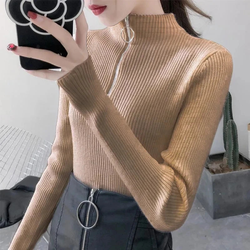 Strickpullover Damen mit Reißverschluss und hohem Kragen