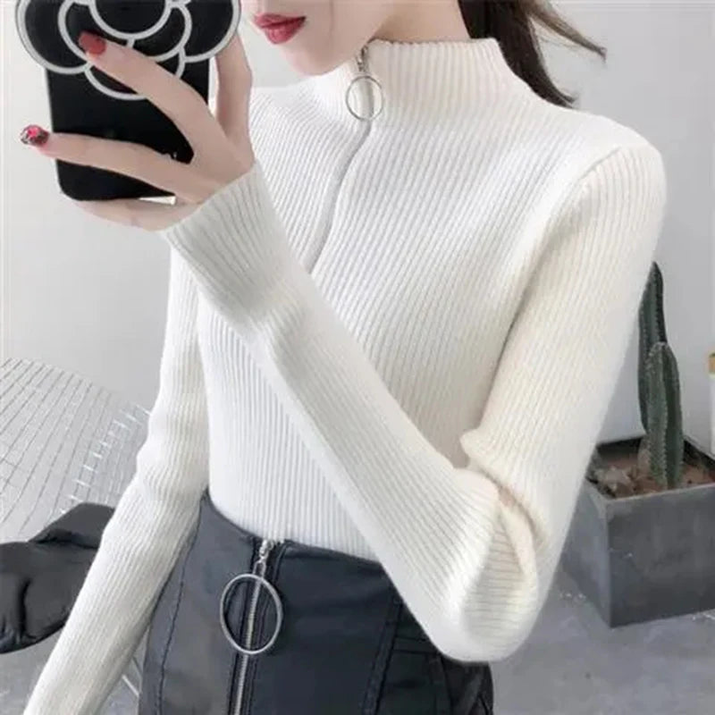Strickpullover Damen mit Reißverschluss und hohem Kragen