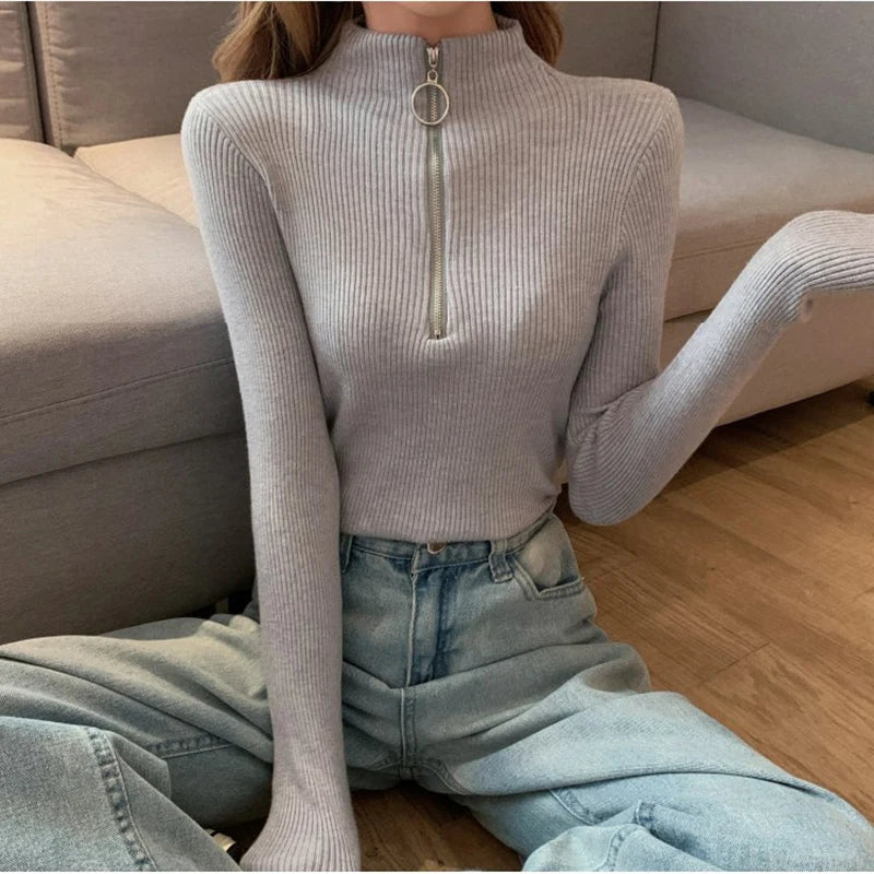 Strickpullover Damen mit Reißverschluss und hohem Kragen