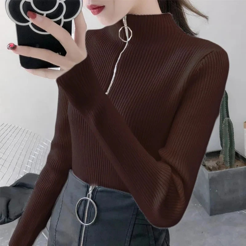 Strickpullover Damen mit Reißverschluss und hohem Kragen