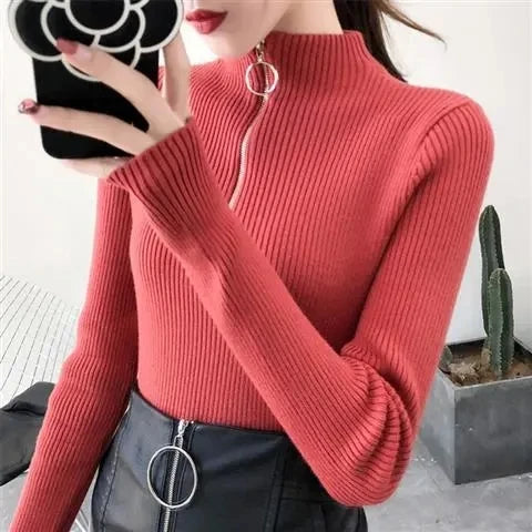 Strickpullover Damen mit Reißverschluss und hohem Kragen