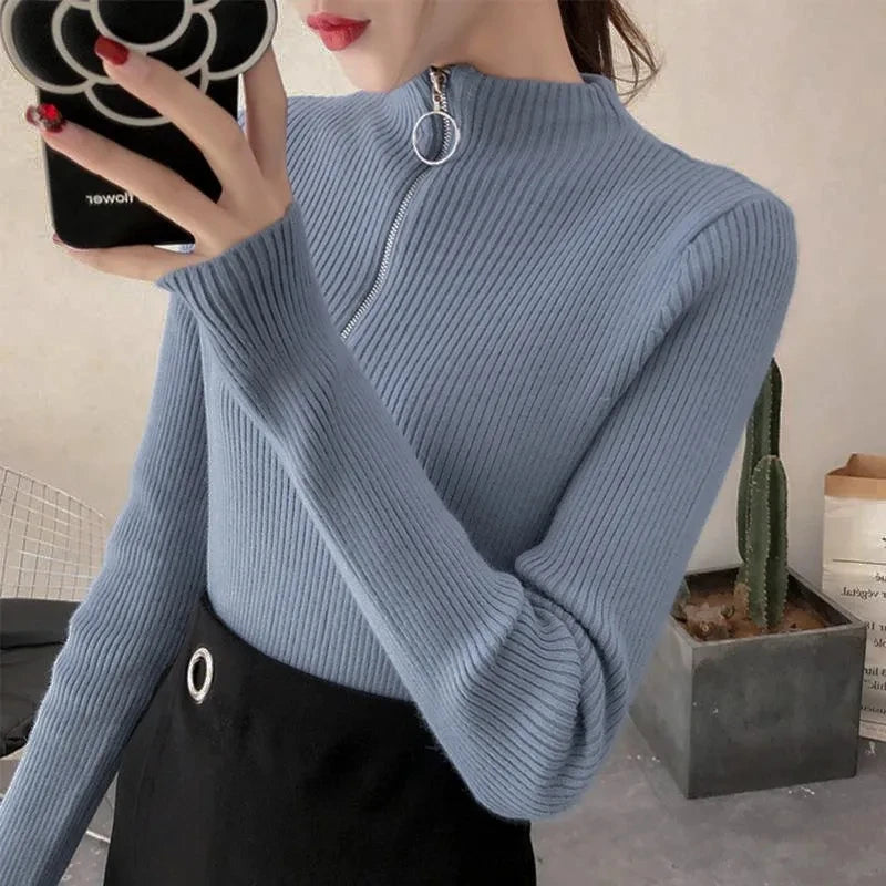 Strickpullover Damen mit Reißverschluss und hohem Kragen