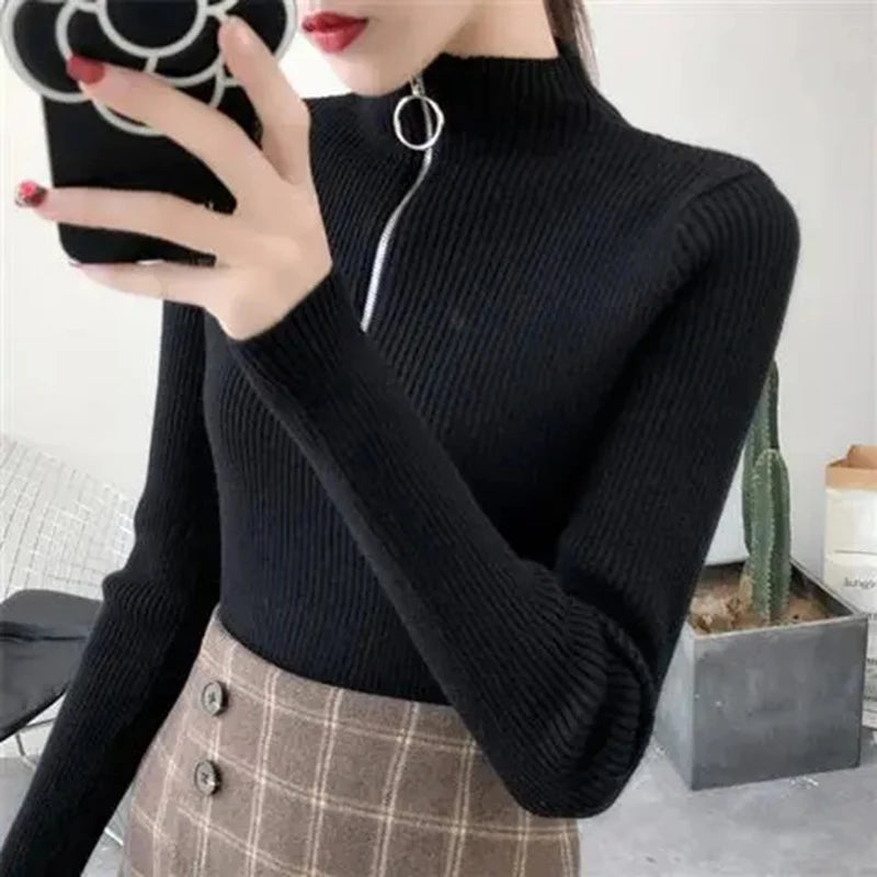 Strickpullover Damen mit Reißverschluss und hohem Kragen