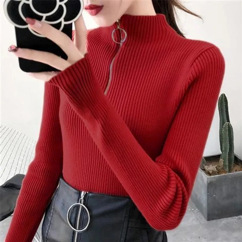 Strickpullover Damen mit Reißverschluss und hohem Kragen