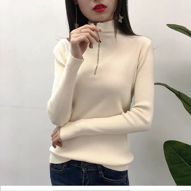 Strickpullover Damen mit Reißverschluss und hohem Kragen