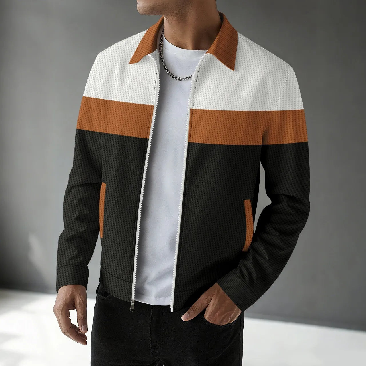 Trendy men's cardigan with waffle pattern