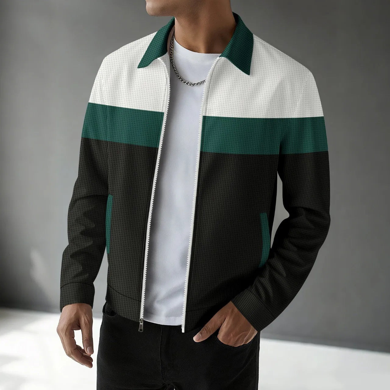 Trendy men's cardigan with waffle pattern