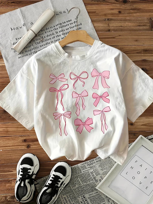 Vintage Pink Bow Print T-Shirt für Frauen