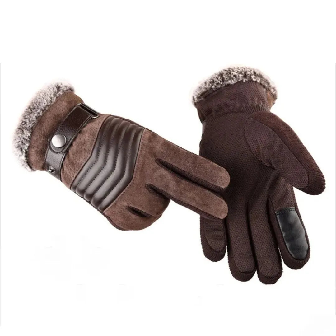 Warm touchscreen winter gloves made of suede with genuine leather accents