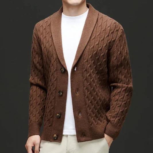 Wool cardigan with shawl collar and button-down closure