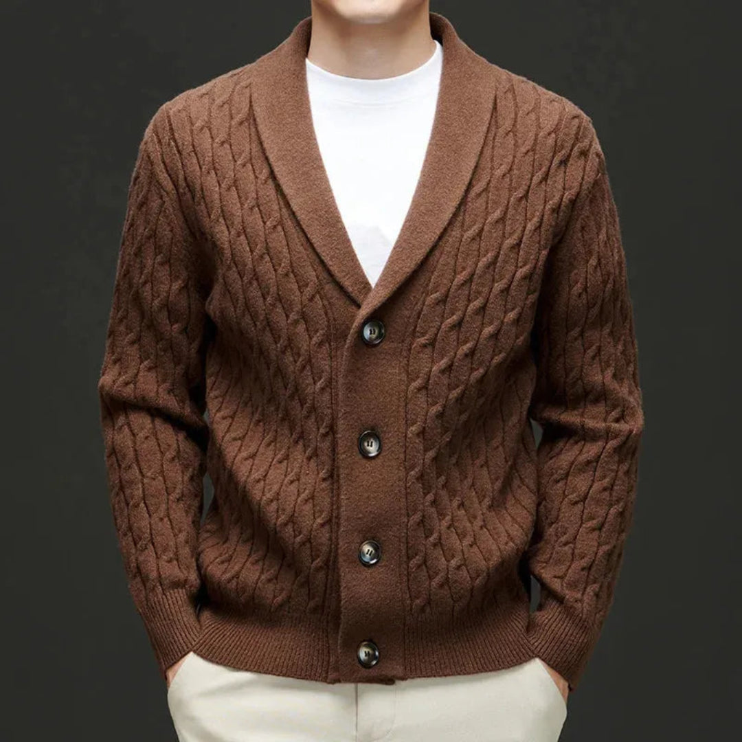 Wool cardigan with shawl collar and button-down closure