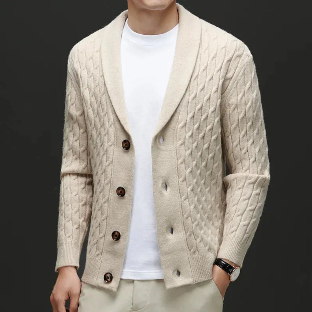 Wool cardigan with shawl collar and button-down closure