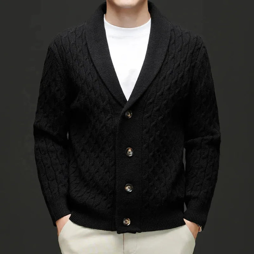 Wool cardigan with shawl collar and button-down closure
