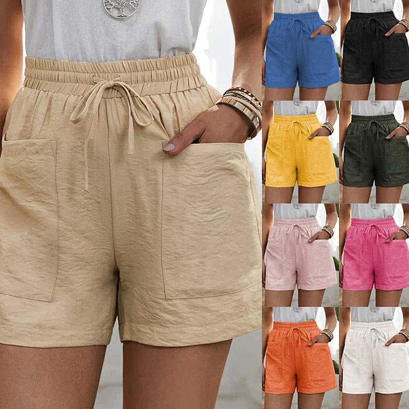Avslappnade linne-shorts för kvinnor med elastisk midja och framfickor