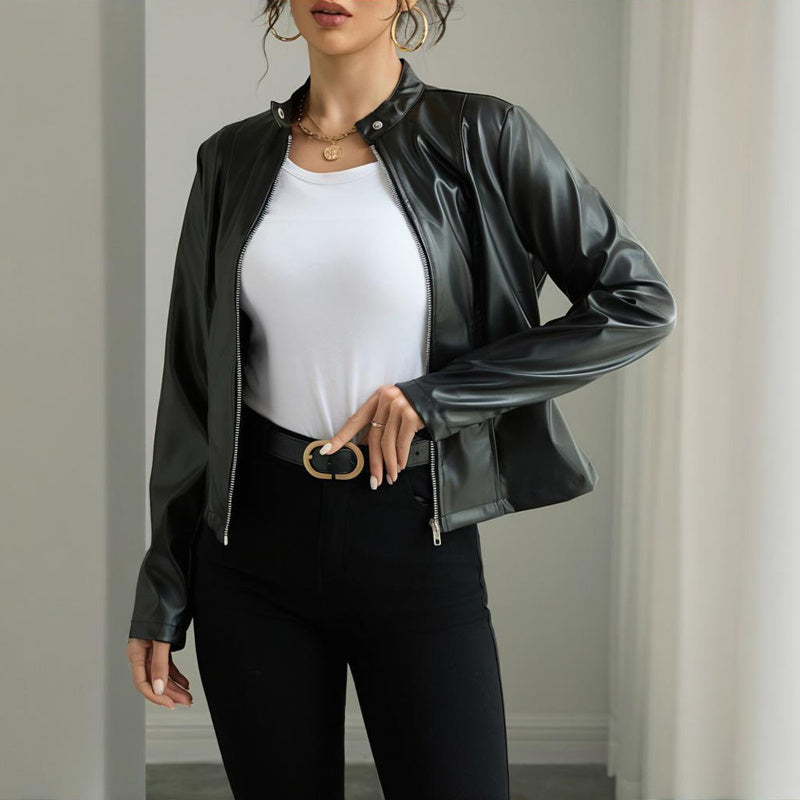 Womens Solid Color Long Sleeve Stand Collar Faux Leather Blazer - Single Button Zippered Jacket For Fall&Winter 10