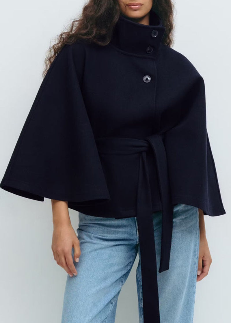 Winter High Neck Batwing Sleeve Coat With Belt Fashion Loose Elegant Button Top Trench Coat For Women Clothing 9
