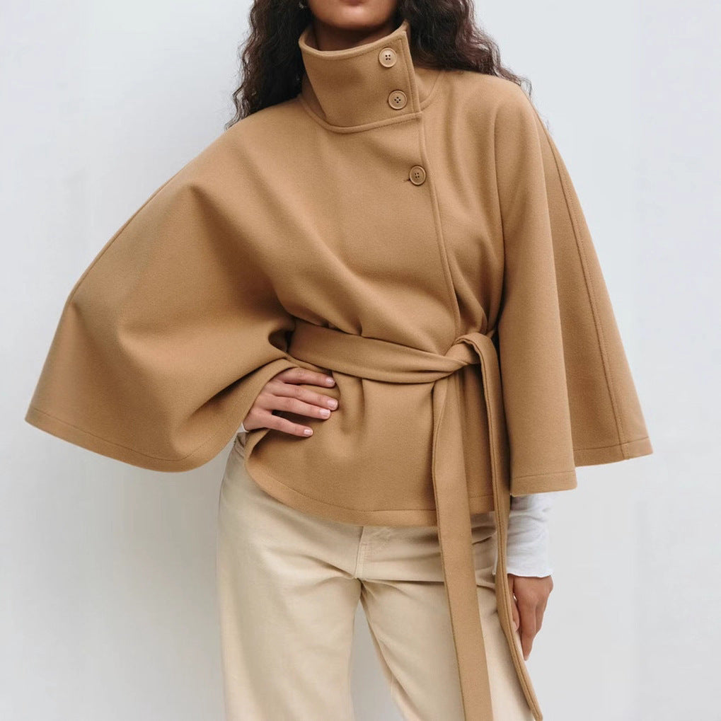 Winter High Neck Batwing Sleeve Coat With Belt Fashion Loose Elegant Button Top Trench Coat For Women Clothing 1