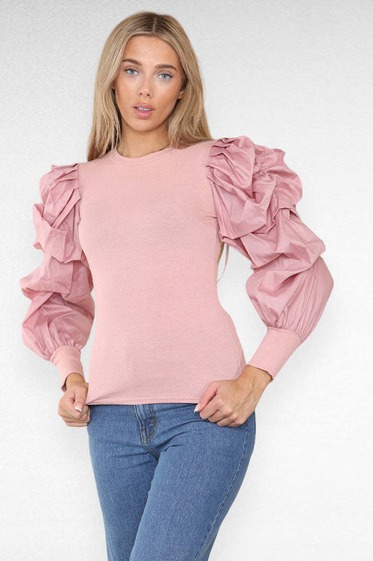 Oversized Top mit Puffärmeln für Damen – Bequemes Ribbed Oberteil aus Polyester und Elasthan, Ideal für Freizeit und Abendoutfits 1