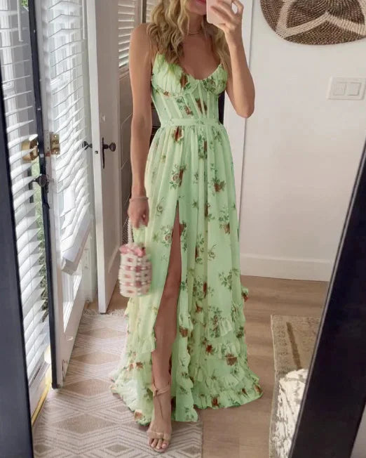 Eva | Elegant sommarklänning dam med blommönster och hög slits