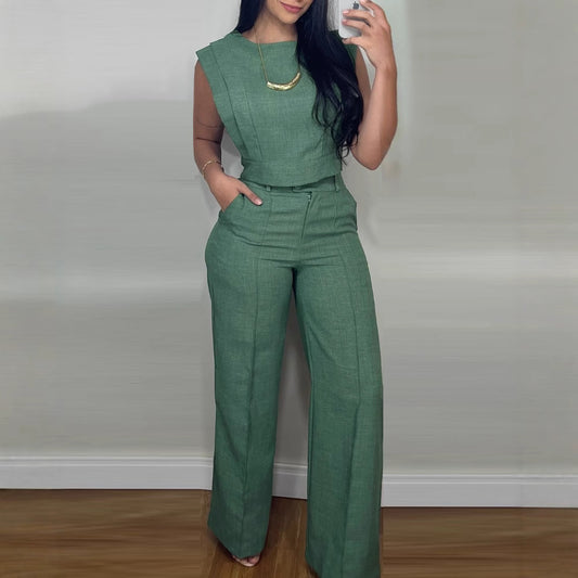 Summer Sleeveless Suit Fashion Round Neck Vest Top And Pocket Straight Pants Casual Trousers Set For Women Clothing 1