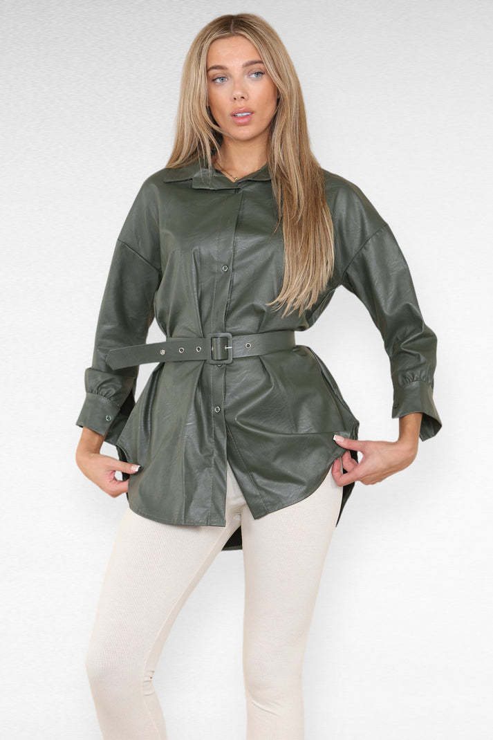 PU Faux Leather Belted Wet Look Shirt Dress 4
