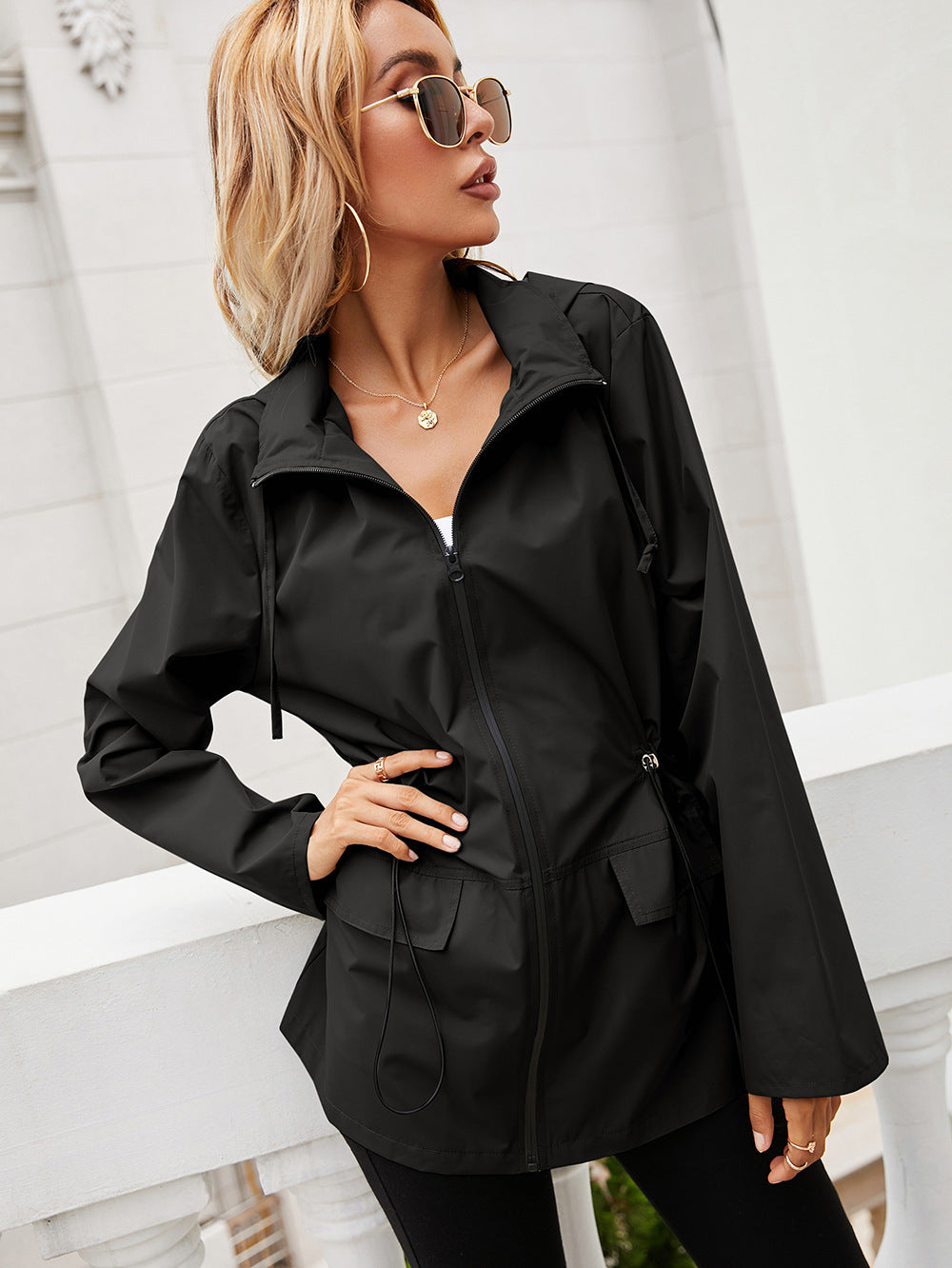 Hooded Zipper Waist Waterproof Raincoat Outdoor Sports Windbreaker Mountaineering Clothing Jacket Jacket Tops For Women 1