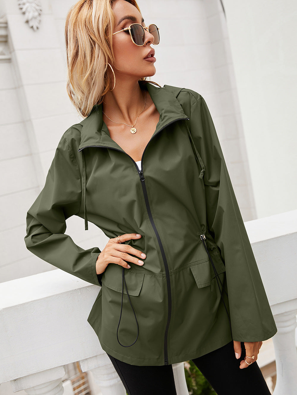 Hooded Zipper Waist Waterproof Raincoat Outdoor Sports Windbreaker Mountaineering Clothing Jacket Jacket Tops For Women 3