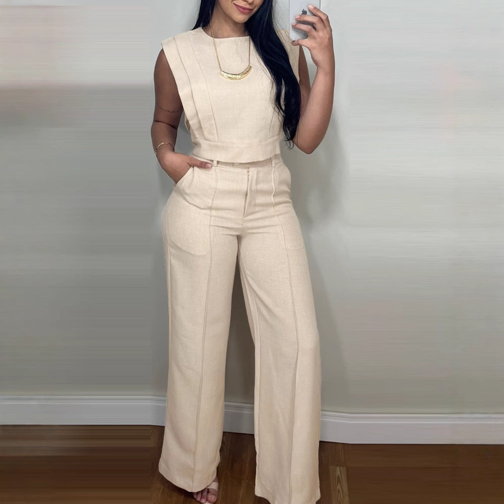 Summer Sleeveless Suit Fashion Round Neck Vest Top And Pocket Straight Pants Casual Trousers Set For Women Clothing 6