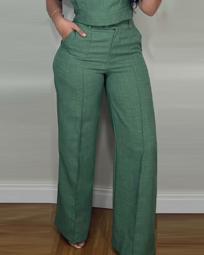 Summer Sleeveless Suit Fashion Round Neck Vest Top And Pocket Straight Pants Casual Trousers Set For Women Clothing 2