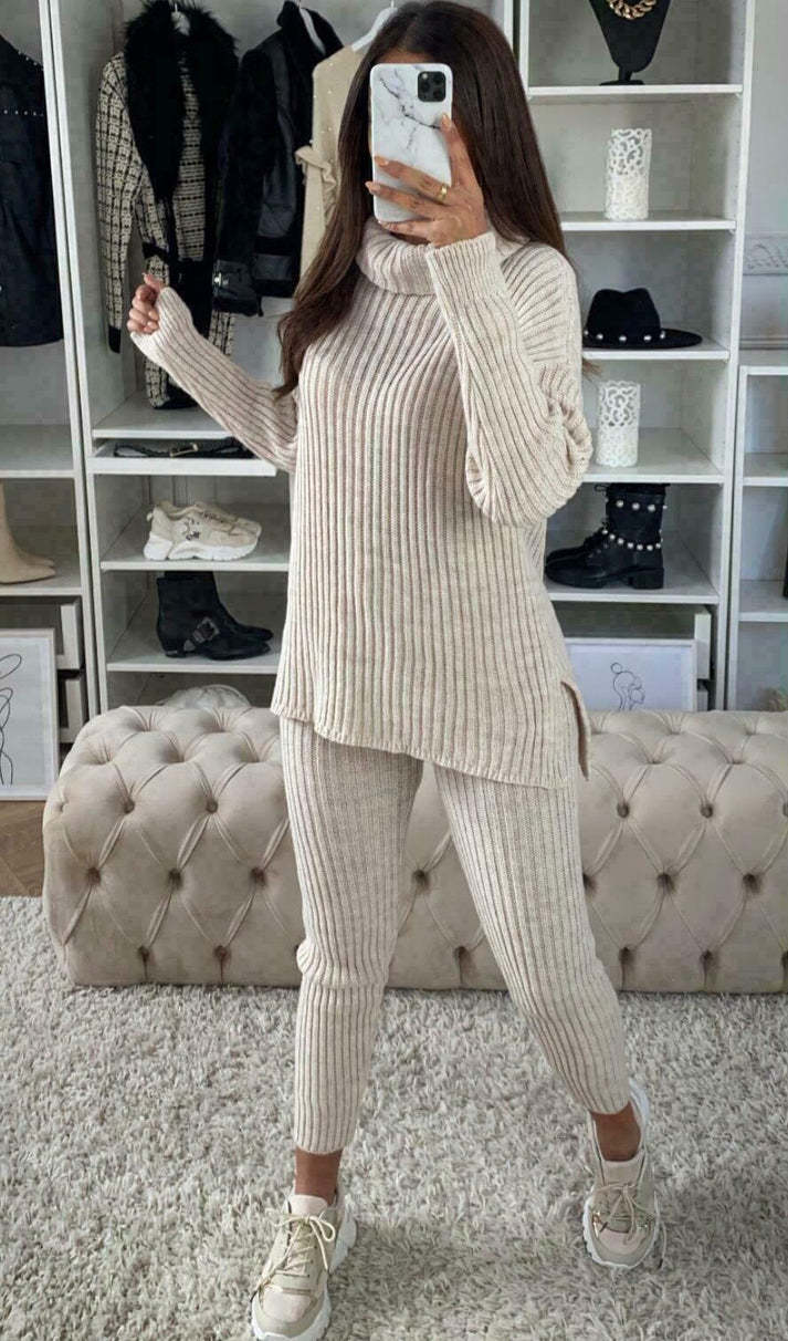 Ladies Chunky Knitted Ribbed Polo High Neck Top Leggings Loungewear Suit Set 7