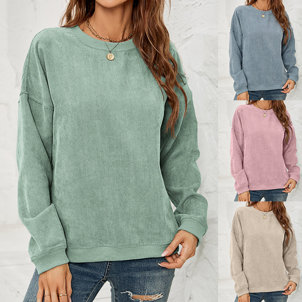 Damenpullover Corduroy Sweatshirt – Einfarbig, Rundhalsausschnitt, Lange Ärmel, Casual, 100% Polyester 1