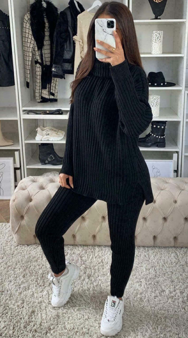 Ladies Chunky Knitted Ribbed Polo High Neck Top Leggings Loungewear Suit Set 2