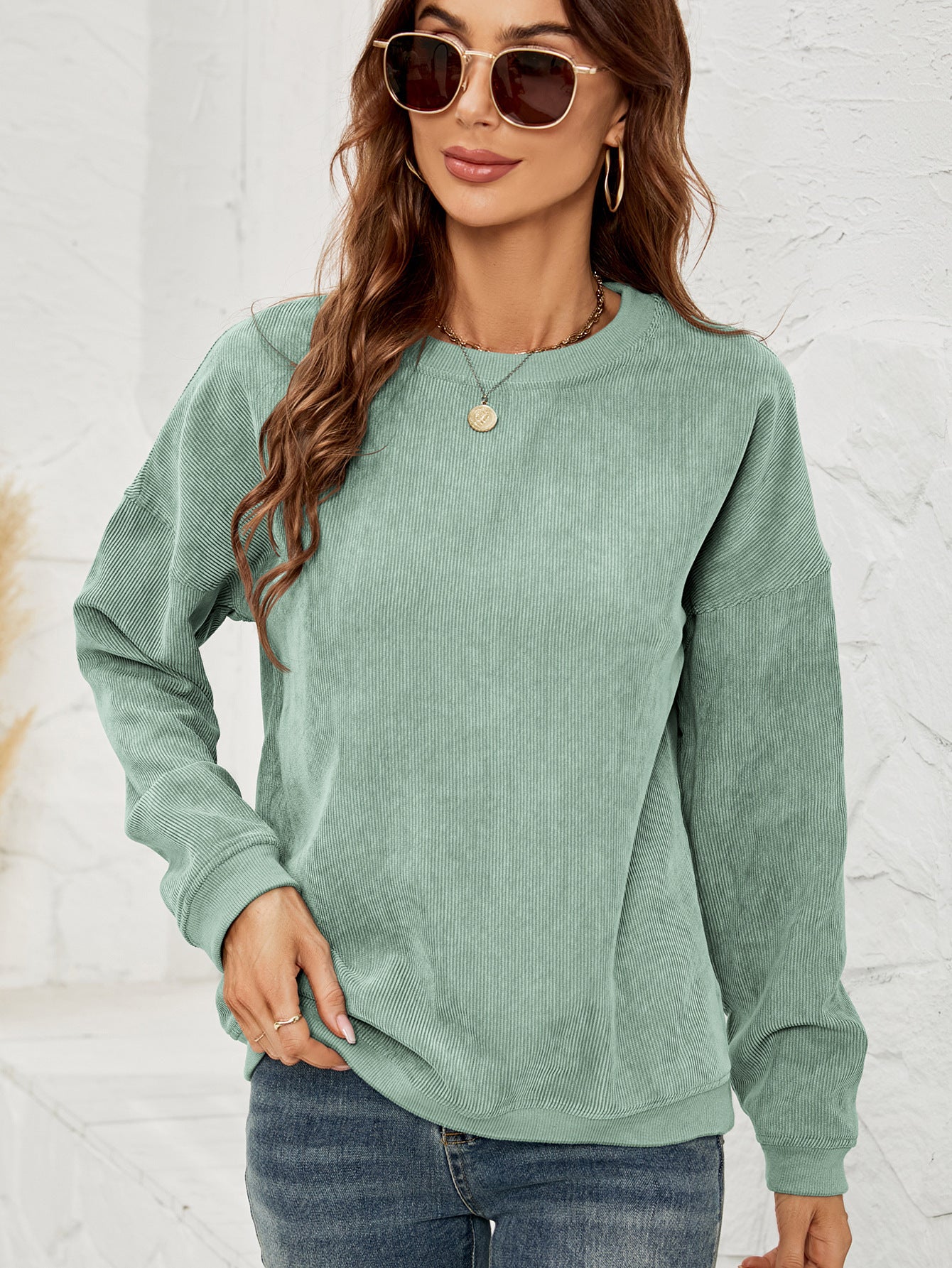 Damenpullover Corduroy Sweatshirt – Einfarbig, Rundhalsausschnitt, Lange Ärmel, Casual, 100% Polyester 5