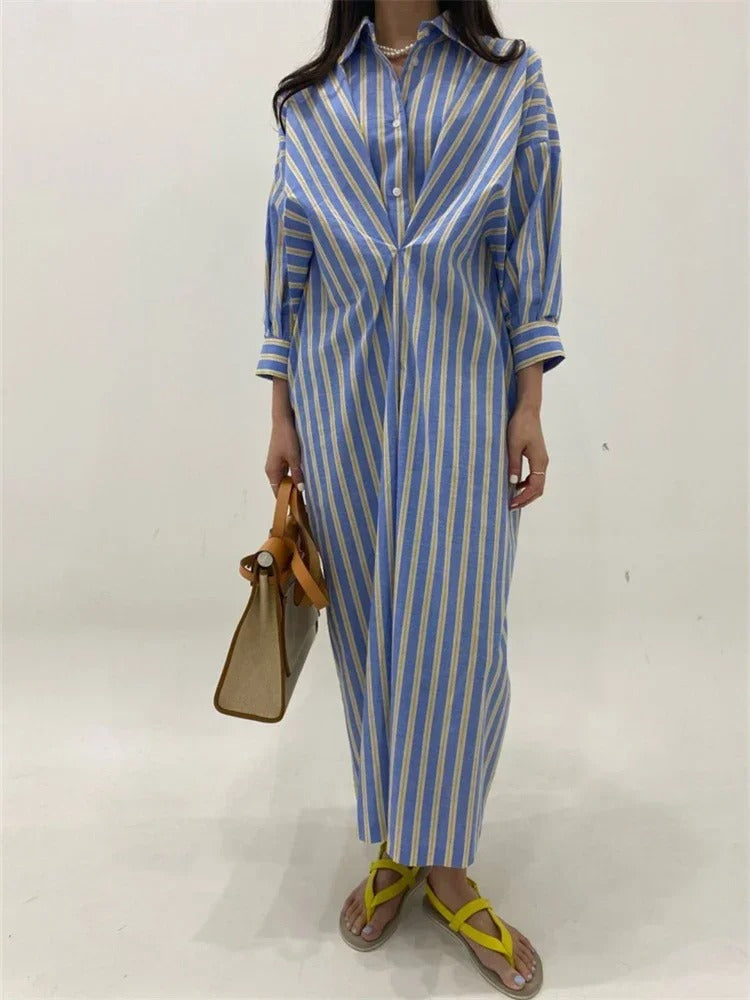 Alessia | Elegante camicia-abito per donna con arricciature e righe