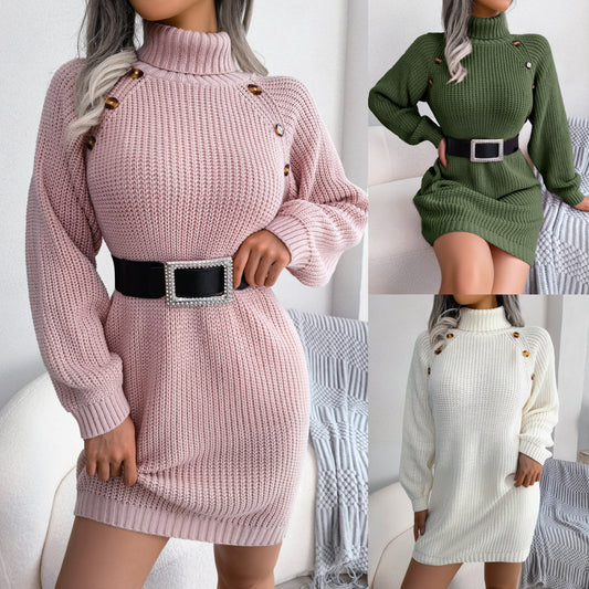 Damen Strickkleid mit Rollkragen und Gürtel 1