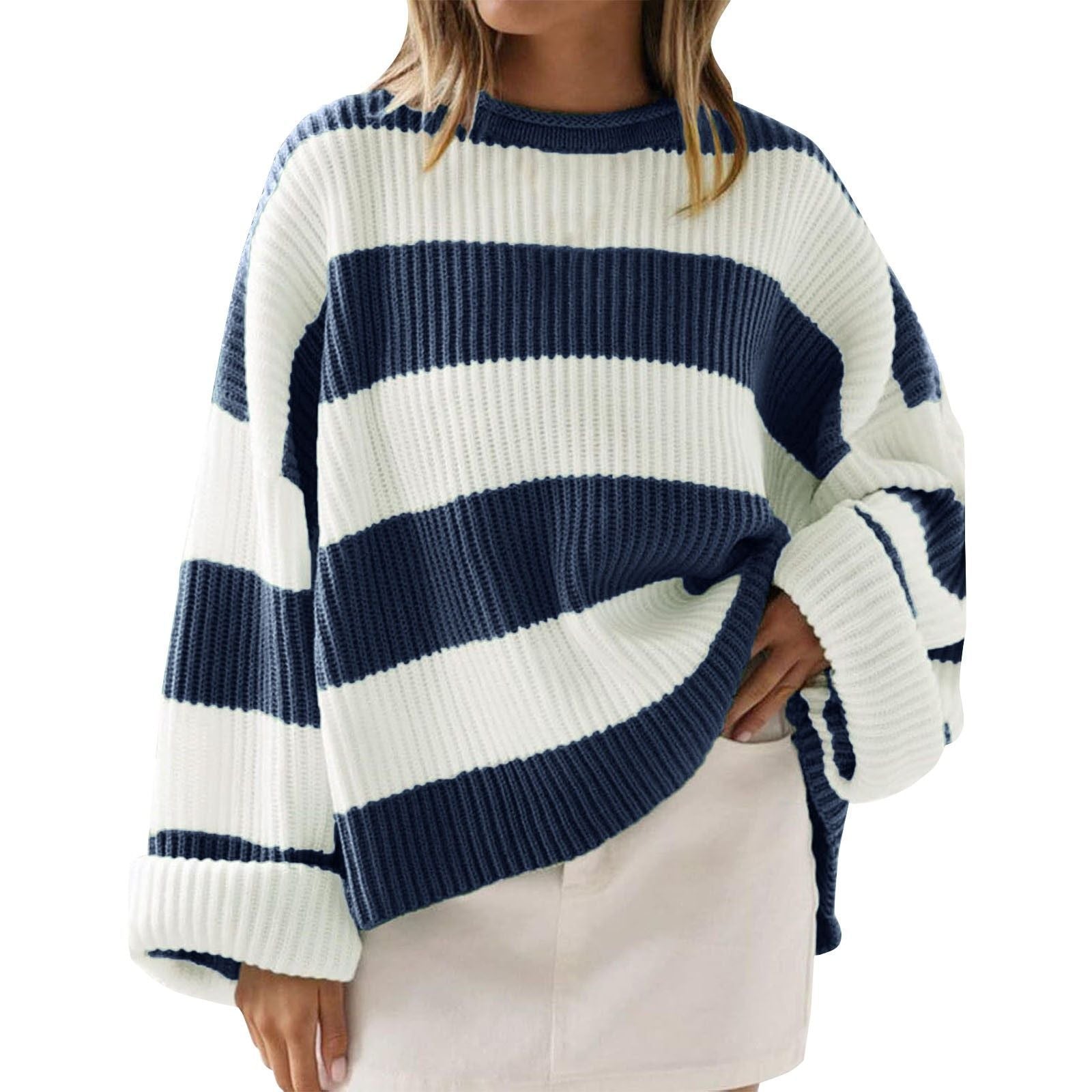 Loose Striped Sweater Fashion Casual Long Batwing Sleeve Round Neck Pullover Knit Tops Women Clothing 6