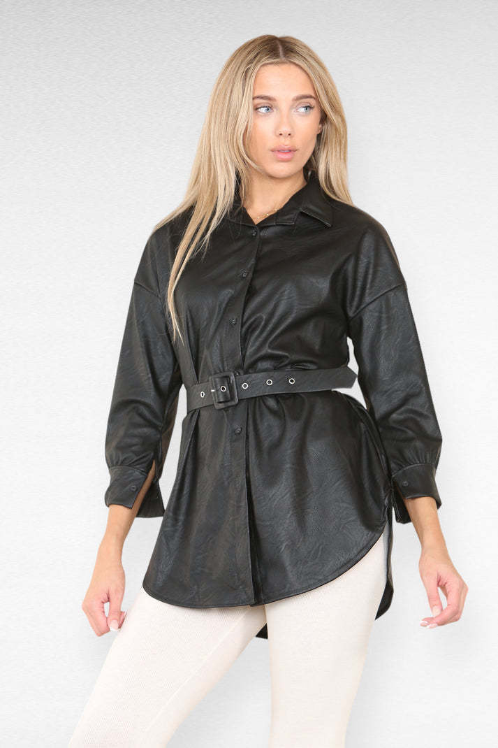 PU Faux Leather Belted Wet Look Shirt Dress 2
