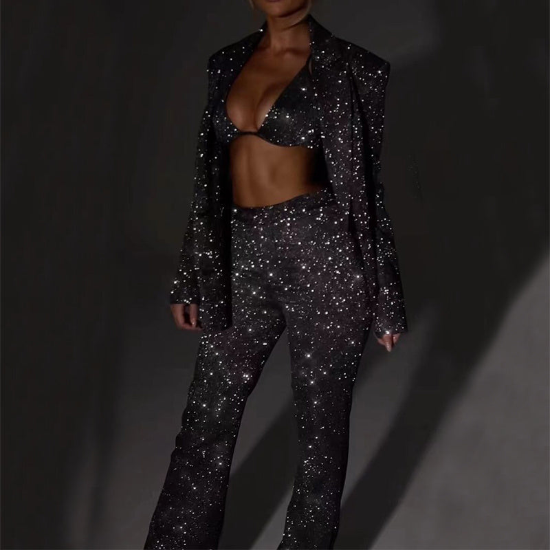 3pcs Shiny Long-sleeved Suit With Bra Lapel Blazer And Straight-leg Trousers Fashion Party Jacket Set For Women Clothing 3