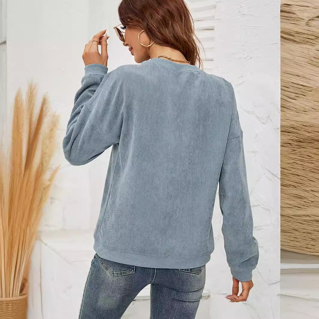 Damenpullover Corduroy Sweatshirt – Einfarbig, Rundhalsausschnitt, Lange Ärmel, Casual, 100% Polyester 2