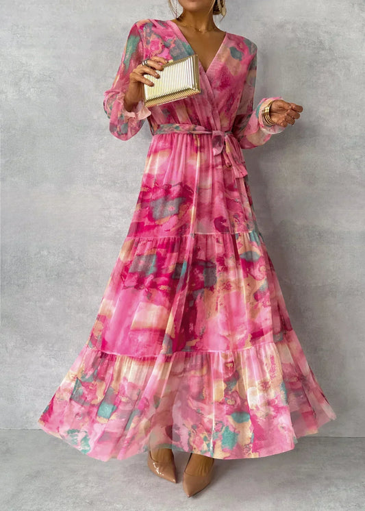 Beatrix | Elegantes Rosa Florales Maxikleid mit Langen Ärmeln für Frauen